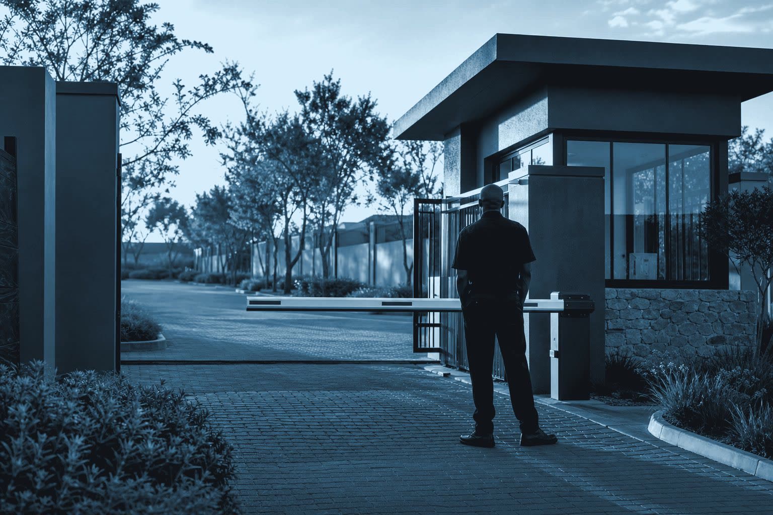 Security guard standing at an estate gatehouse with a boom gate